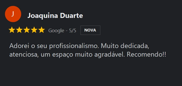Crítica no Google de Joaquina Duarte sobre Gisele Fernandes Estética Avançada